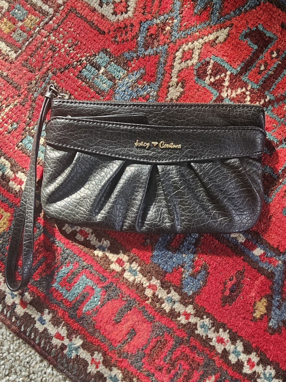 Juicy Couture Black Pleated Wristlet Clutch with Gold Logo